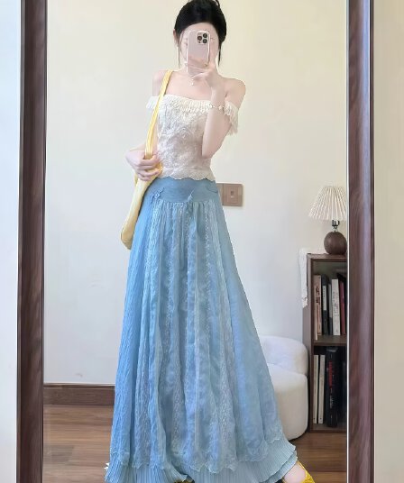 전체 집합 프랑스식 품격 부드러운 바람 흔들다 칼라 반팔 맨위 여성 여름 ootd 착용 가져 가라. 하이웨이스트 타이트 스커트 반신 스커트