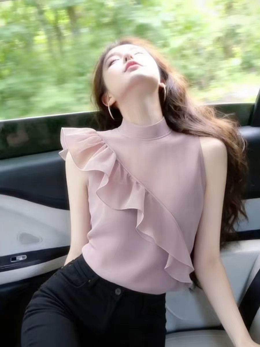 분말 보라색 프릴 맨위 새로운 디자인 센스 작은 대중 고유 한 슈퍼 잘 생긴 품격 프랑스식 사소한 여성 셔츠