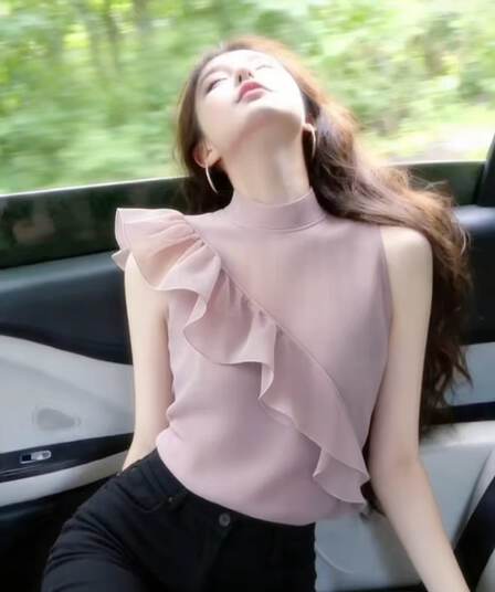 분말 보라색 프릴 맨위 새로운 디자인 센스 작은 대중 고유 한 슈퍼 잘 생긴 품격 프랑스식 사소한 여성 셔츠