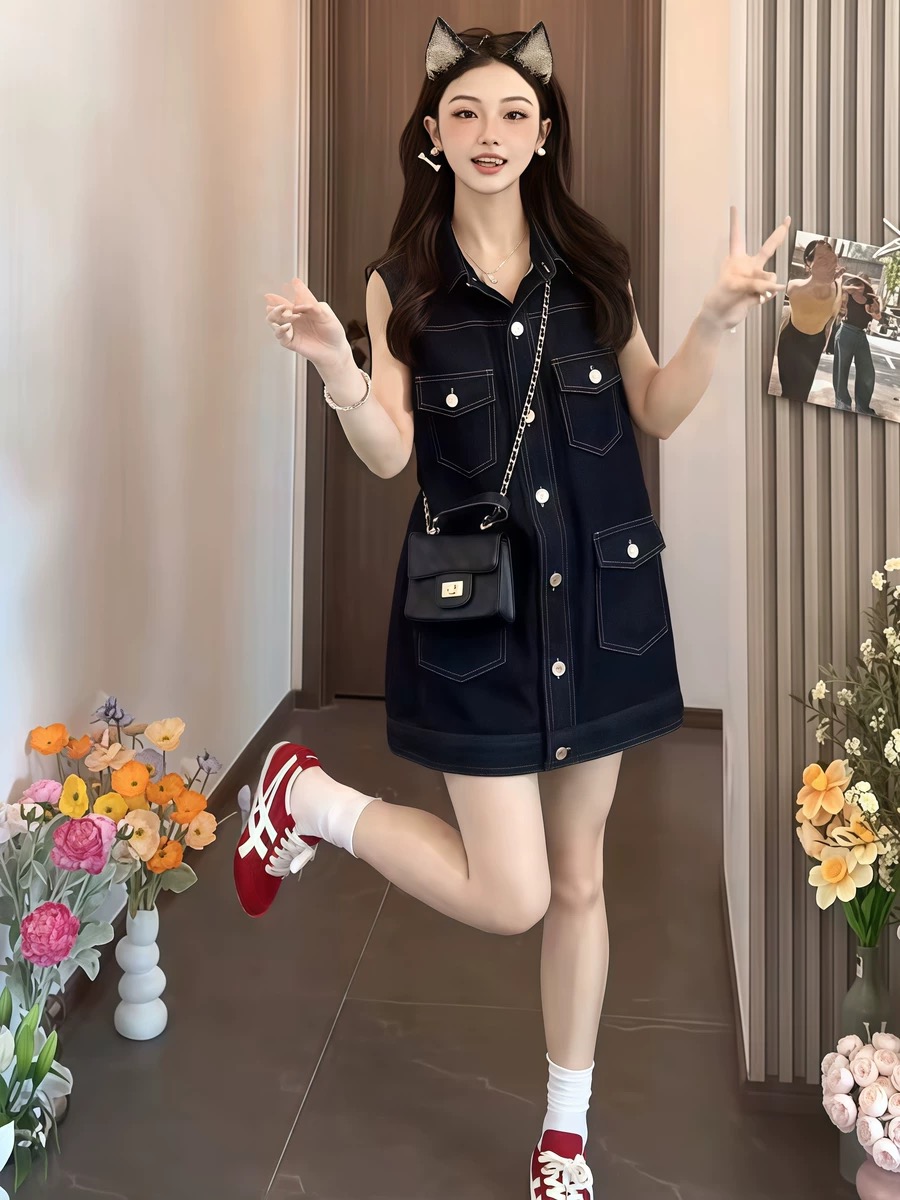 아메리칸 레트로 POLO 칼라 싱글 줄 버튼 민소매 데님 드레스 작은 키 외국 가스 달콤한 차가운 연령 감소 조끼 미니 스커트
