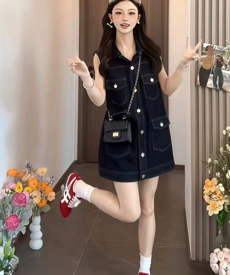 아메리칸 레트로 POLO 칼라 싱글 줄 버튼 민소매 데님 드레스 작은 키 외국 가스 달콤한 차가운 연령 감소 조끼 미니 스커트