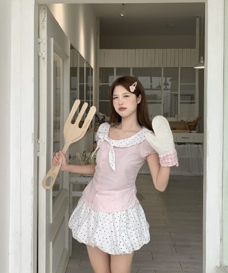 umoumo 우 버섯 여름 달콤함 도트 무늬 나비 매듭 칼라 패치워크 비스듬한 문 襟 몸매 가꾸기 셔츠 세트