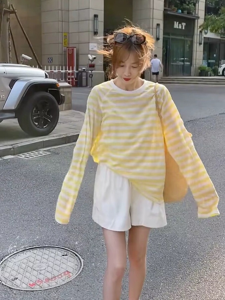 마이크로 지방 여름 드레스 코디 전체 집합 황색 스트라이프 자외선 차단 연령 감소 외국 가스 패션 서리가 내린 바람 소금 부서 착용 가져 가라. 세트