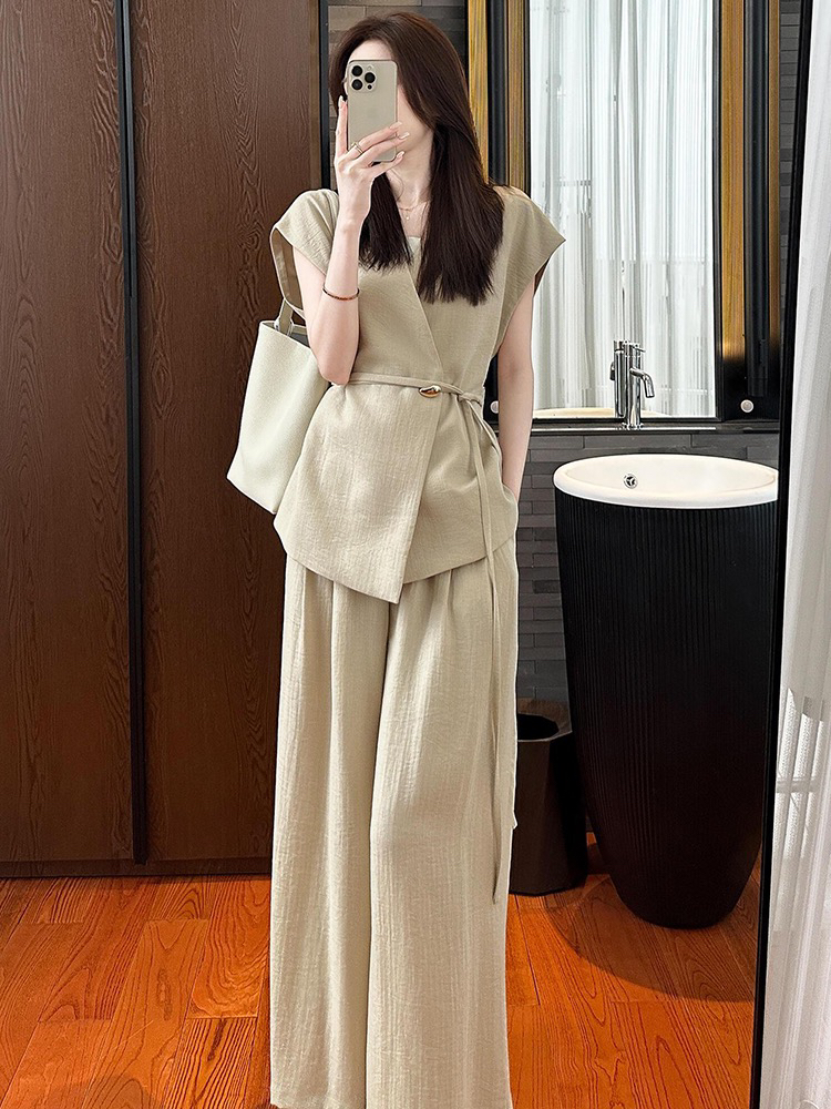 오래된 돈 바람 디자인 센스 반팔 정장 세트 여성 여름 새로운 품격 고급 센스 와이드 레그 팬츠 투피스 세트