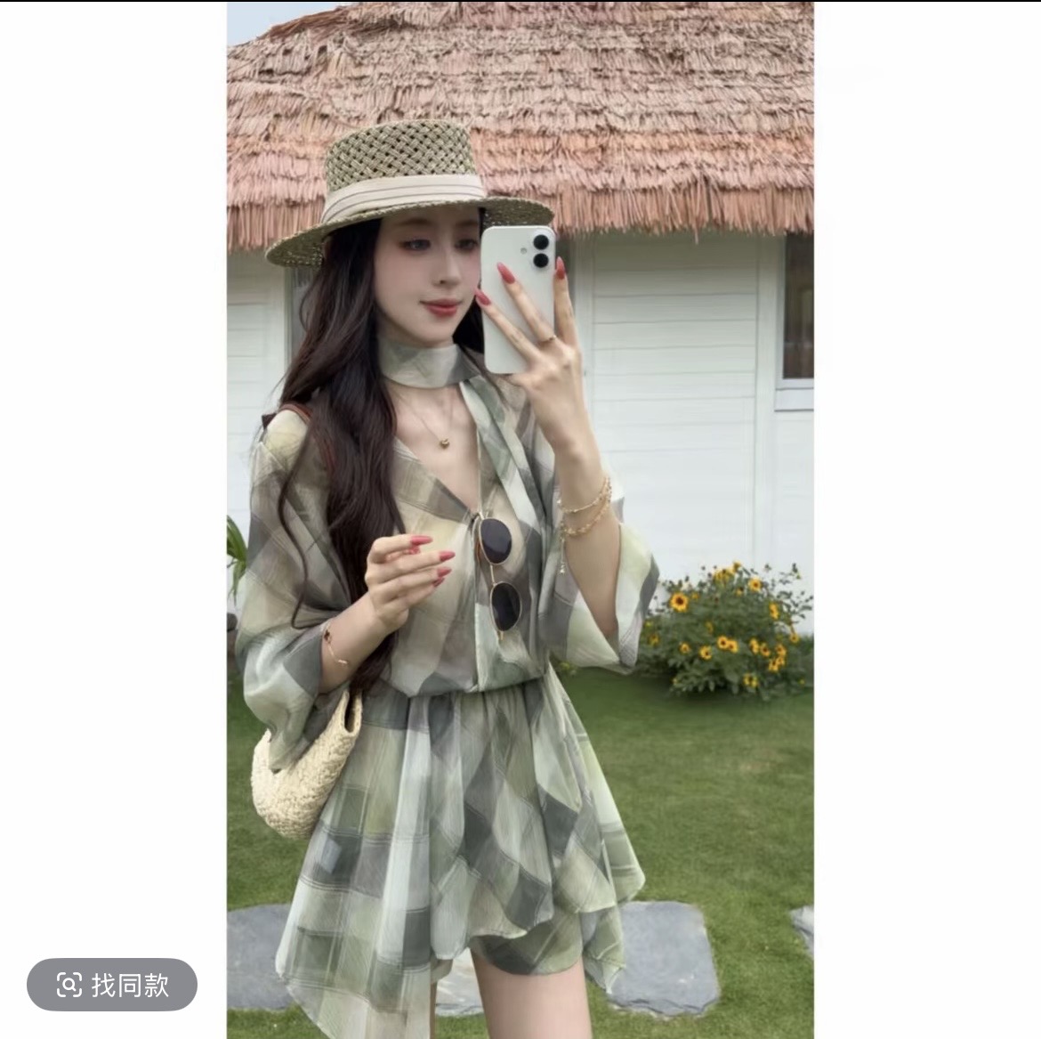 꽃 리플 그것 여름 프랑스식 낭만주의 바람 레트로 리본 체크무늬 드레스 반바지 세트 여름 착용 가져 가라. 여성