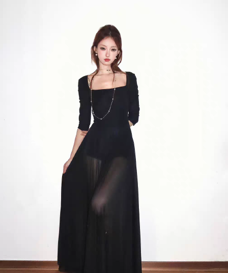 대 치마 광장 칼라 중간 소매 나만의 것을 가져와 라. 레깅스 시스루 치마 드레스 롱 스커트