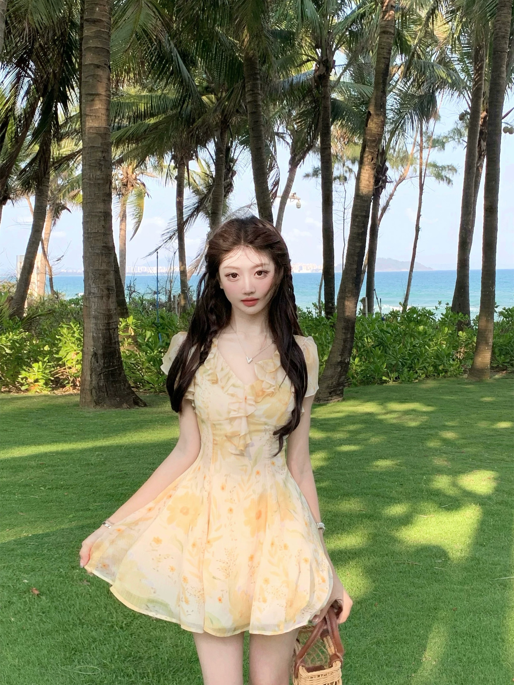 작은 배꽃 부드러운 요정 가스 연꽃 잎 표지 소매 꽃무늬 우산 진자 드레스