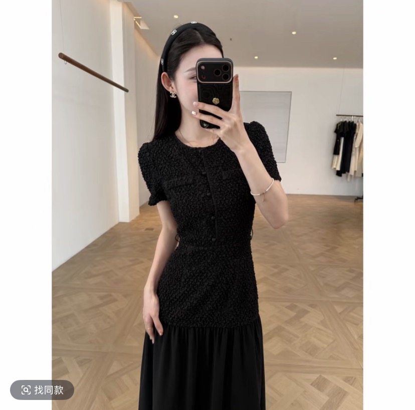 봄 여름 허리 수축 품격 하이웨이스트 디스플레이 높음 슬림해 보이는 패션 작은 샤넬 스타일 패치워크 드레스 c0205