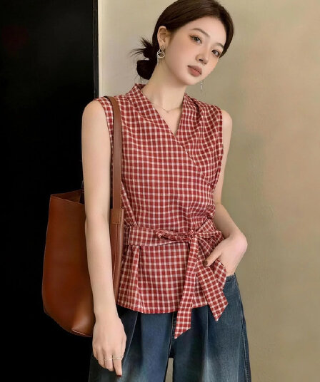 패션 프랑스식 V넥 레이스업 허리 수축 체크무늬 여성 셔츠 여름 빅 사이즈 통통한 여동생 출퇴근 품격 다용도 맨위