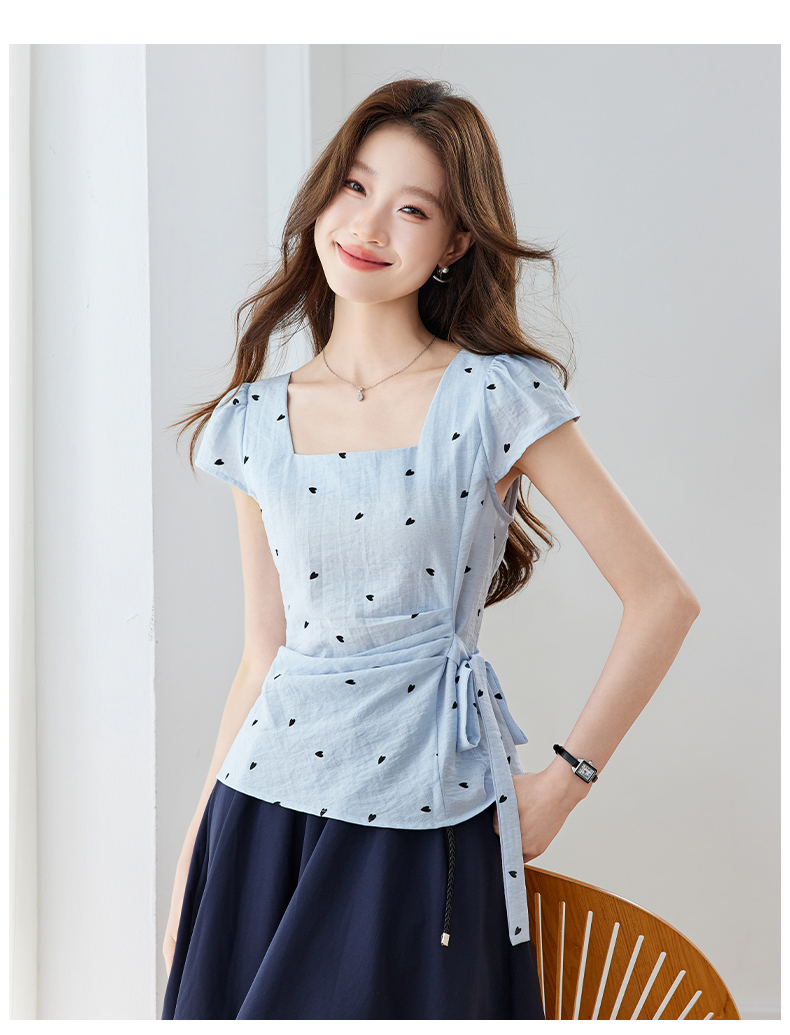 설탕 큐브 셔츠 여름 하트 반팔 쉬폰 블라우스 출퇴근 광장 칼라 핀치 Pleat 부서 스트랩 프린트 맨위