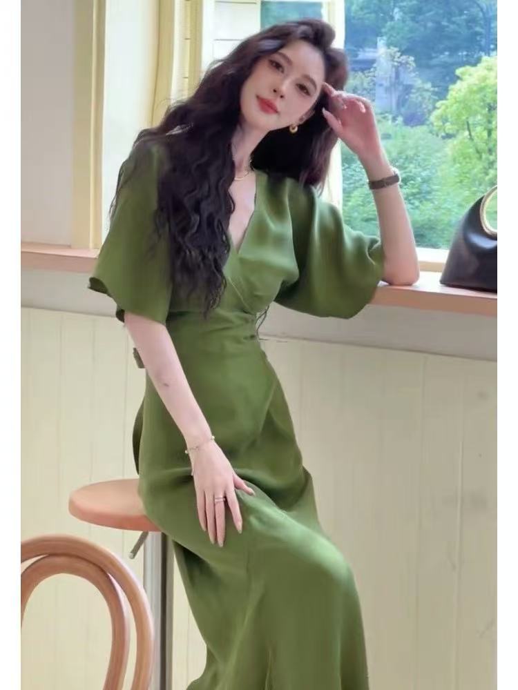 여름 고유 한 아름다운 꼬집기 허리 치마 품격 빛 럭셔리 고급 센스 관대 한 점잖은 슈퍼 잘 생긴 프랑스식 녹색 드레스