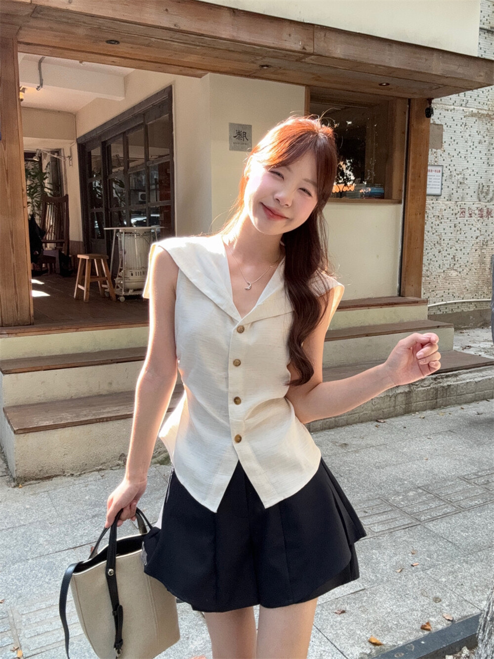 2026 봄 여름 레트로 품격 다용도 오래된 돈 바람 해군 칼라 베스트 다용도 디자인 센스 바지 투피스 세트 세트