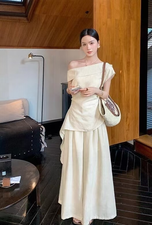 2026 비스듬한 어깨 펌프 Pleat 리본 살구 색상 몸매 가꾸기 작은 셔츠 하이웨이스트 와이드 레그 팬츠 투피스 세트 세트 없음 부품