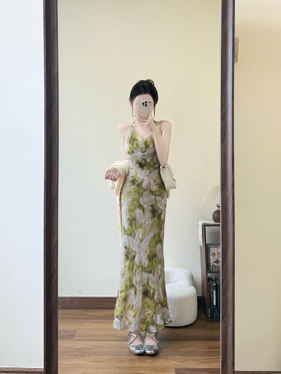 프랑스식 흔들다 칼라 녹색 꽃무늬 행침 목 슬립 여성 드레스 여름 여행 휴가 치마 고급 센스 타이트 스커트 롱 스커트