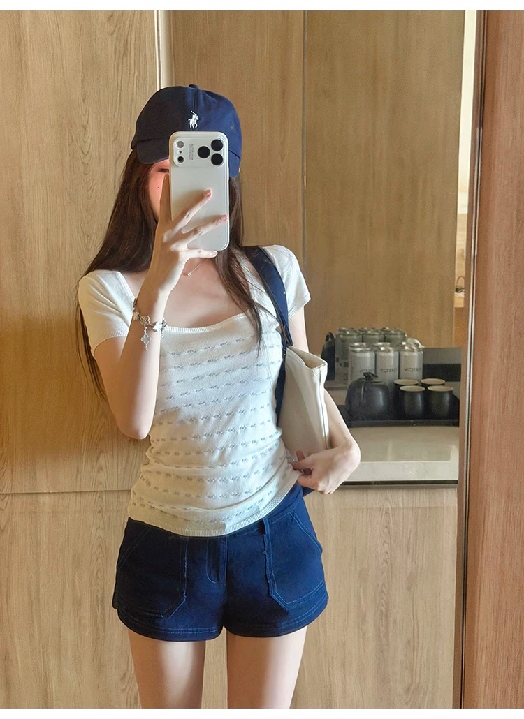 suuuicee 메이 여지 얼음 모래 작은 자카드 질감 순수한 욕망 대 u 칼라 짧은 맨위 몸매 가꾸기 니트 반팔 티셔츠
