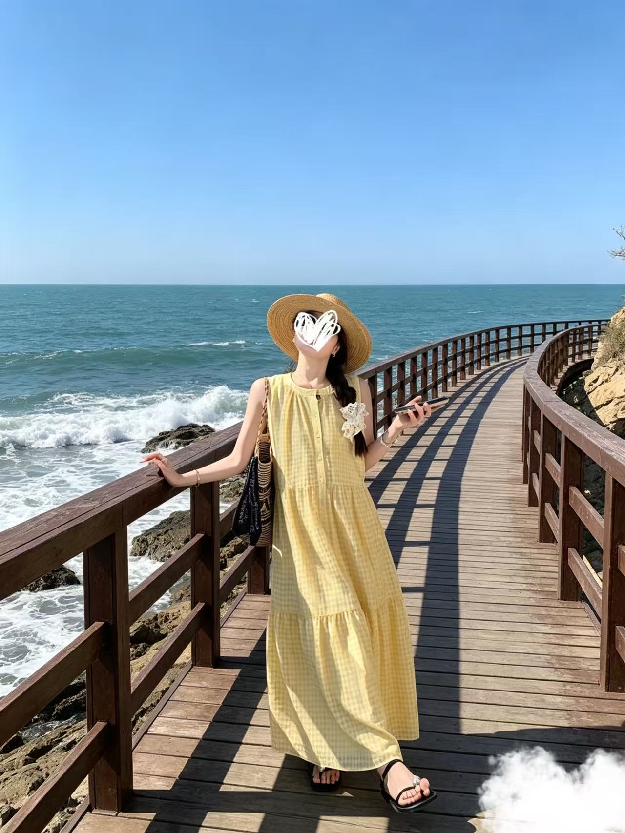 깨진 금 해안 여름 중간 길이 루즈핏 휴가 바람 체크무늬 조끼 여성 드레스
