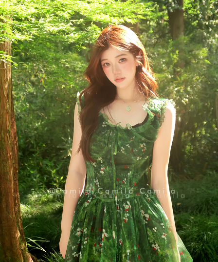 전원 센 부서 엘프 짙은 녹색 쉬폰 프릴 버블 꽃밭 미니 스커트 u 칼라 민소매 조끼 꽃무늬 드레스