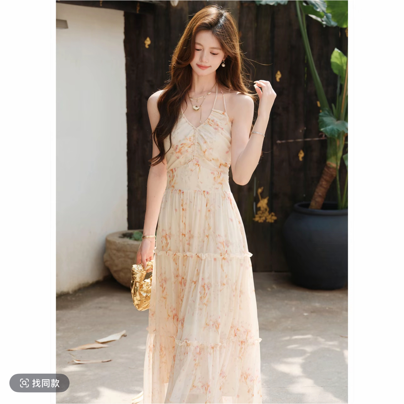 일몰 구름 사쿠라 낭만주의 휴가 프랑스식 행침 목 V넥 백리스 펌프 로프 쉬폰 꽃무늬 여성 드레스