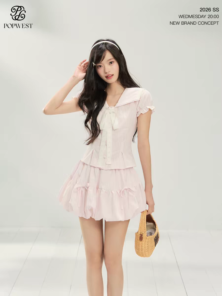 popwest 달콤함 나비 매듭 폴로 칼라 핑크색 허리 수축 맨위 반 스커트 퍼프 스커트 여름 6 주간 해군 칼라 세트