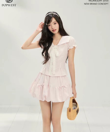 popwest 달콤함 나비 매듭 폴로 칼라 핑크색 허리 수축 맨위 반 스커트 퍼프 스커트 여름 6 주간 해군 칼라 세트