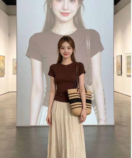 로얄 자매 빛 요리 한 바람 세트 여성 여름 새로운 커피 색상 반팔 니트 스웨터 플리츠 반신 롱 스커트 슬림해 보이는 투피스 세트