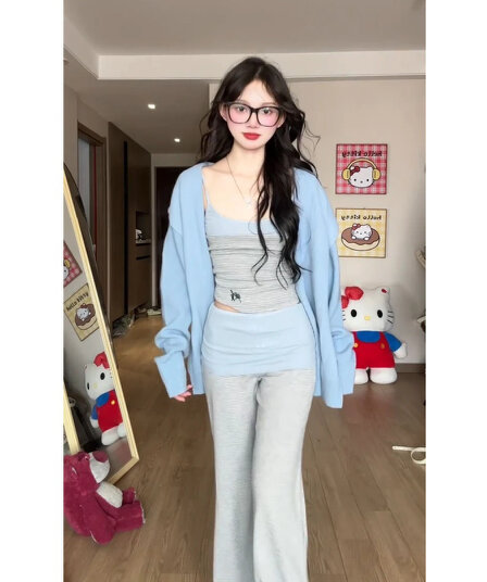 marie.coco 슈퍼 화재 새로운 착용 가져 가라. 전체 집합 파란색 스웨터 오픈 가디건 캐미솔 와이드 레그 팬츠 3종 세트
