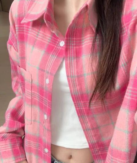 새로운 루즈핏 다용도 핑크색 체크무늬 긴팔 셔츠 여름 자외선 차단 맨위 재킷