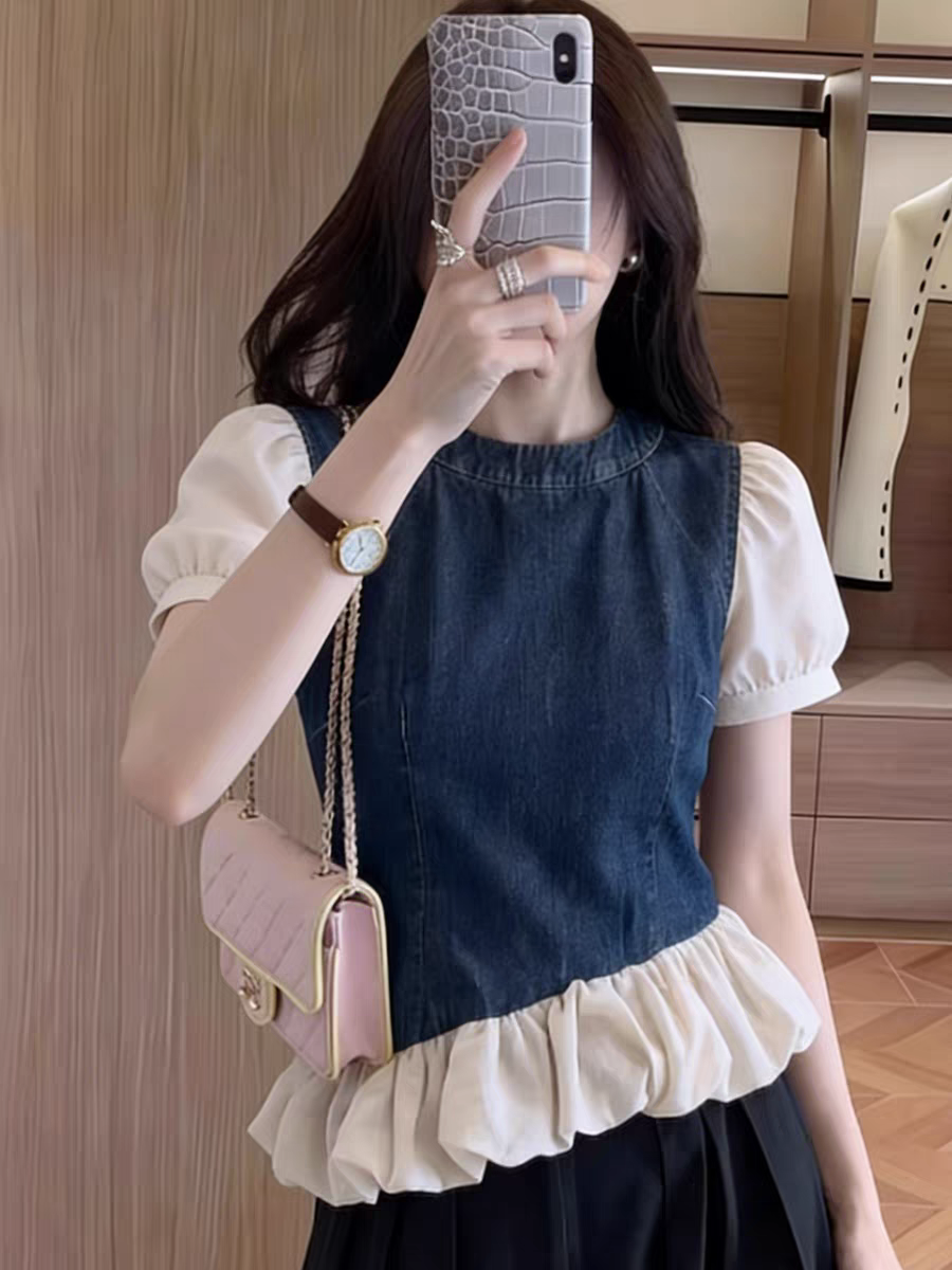 프랑스식 데님 프릴 행침 목 조끼 여성 여름 새로운 디자인 센스 파란색 비대칭 슬림해 보이는 연령 감소 맨위