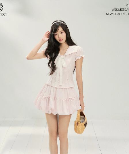 popwest 달콤함 나비 매듭 폴로 칼라 핑크색 허리 수축 맨위 반 스커트 퍼프 스커트 여름 해군 칼라 세트