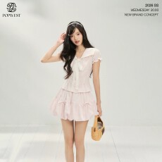批发POPWEST | 甜美蝴蝶结翻领粉色收腰上衣半裙<b class='q'>蓬蓬</b>裙夏日海军领套装