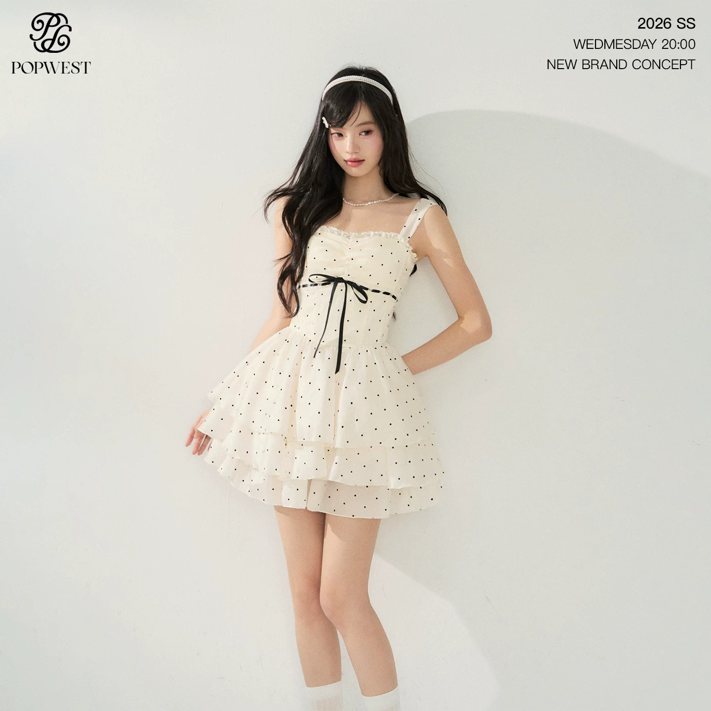 popwest 오리지널 천 골드 달콤한 스타일 도트 무늬 민소매 드레스 생일 치마 생선뼈 퍼프 미니 스커트