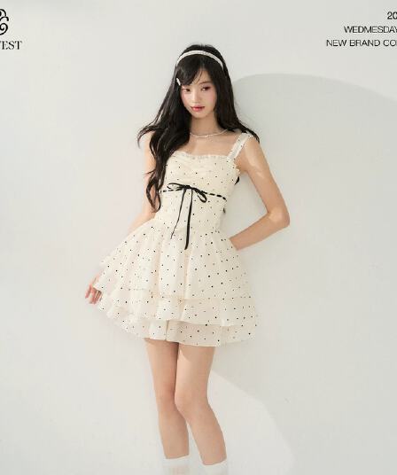 popwest 오리지널 천 골드 달콤한 스타일 도트 무늬 민소매 드레스 생일 치마 생선뼈 퍼프 미니 스커트