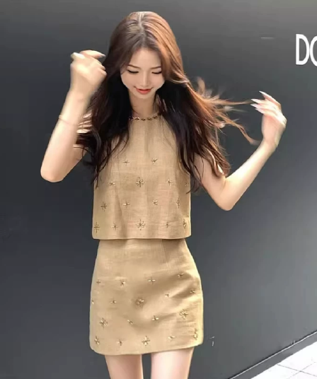 유럽 상품 패션 외국 가스 세트 무거운 작업 비즈 박기 민소매 맨위 반신 스커트 빛 럭셔리 고급 센스 샤오 양 로드 중 투피스 세트