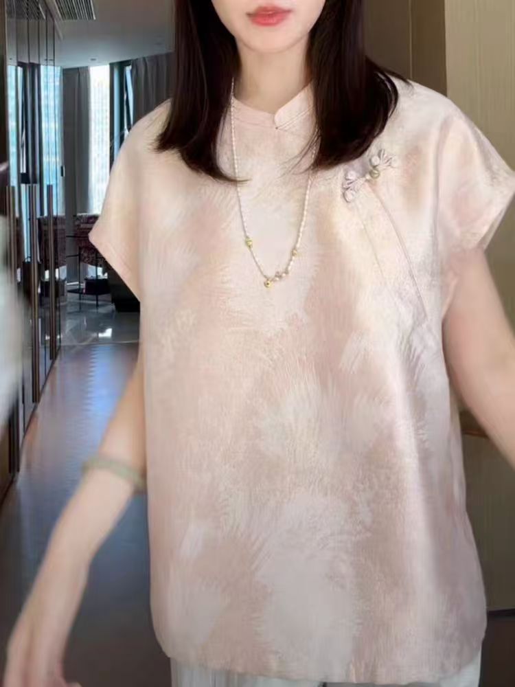 새로운 중식 국풍 Chic 셔츠 여성 2026 여름 새로운 한국 스타일 라운드 넥 반팔 맨위 루즈핏 외국 가스 셔츠