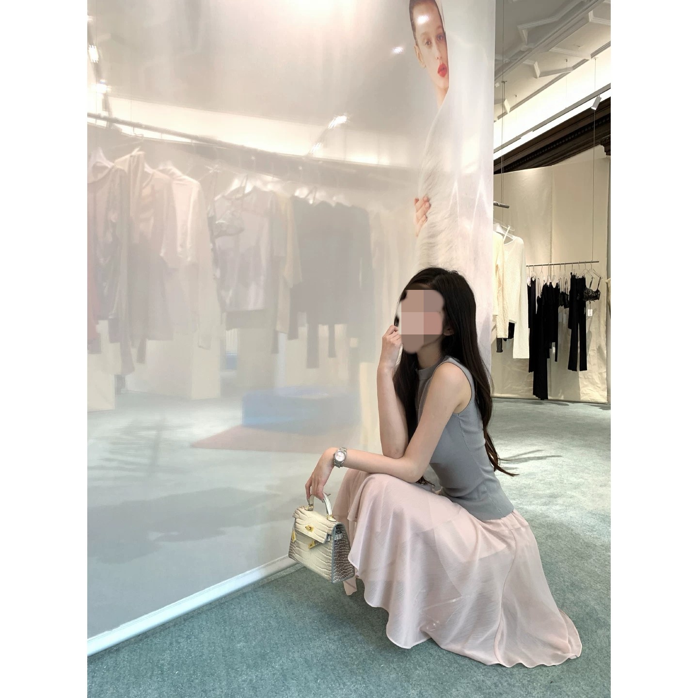 okmashop 빛 연 주형 한 부서 chic 세트 여성 여름 니트 맨위 쉬폰 반 스커트 투피스 세트
