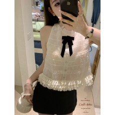 批发迟伞伞26ss 贝拉衣橱 多层细闪<b class='q'>欧根纱</b>丝绒蝴蝶结无袖上衣<b class='q'>套装</b>