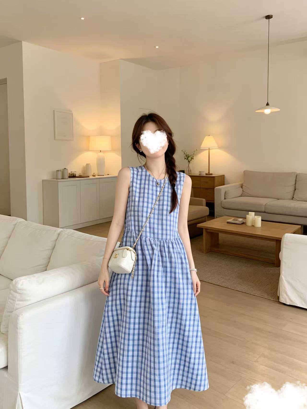 천 루 시시 블루스 중간 길이 루즈핏 한 마디 체크무늬 백리스 민소매 조끼 여성 드레스
