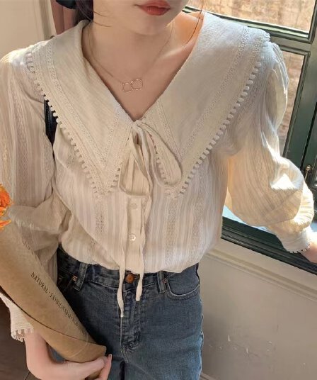 프랑스식 달콤함 베이비 칼라 만나는 여성 셔츠 디자인 센스 작은 대중 부드러운 바람 인사이드 가져 가라. 셔츠 가을 Chic 맨위