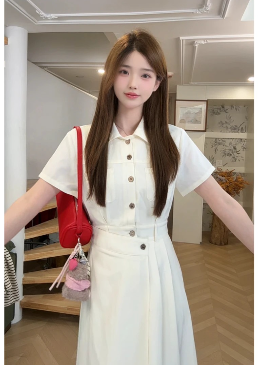 niche young 여름 프랑스식 품격 살구 색상 출퇴근 패션 허리 수축 면접 드레스