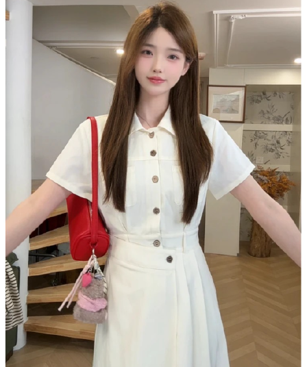 niche young 여름 프랑스식 품격 살구 색상 출퇴근 패션 허리 수축 면접 드레스
