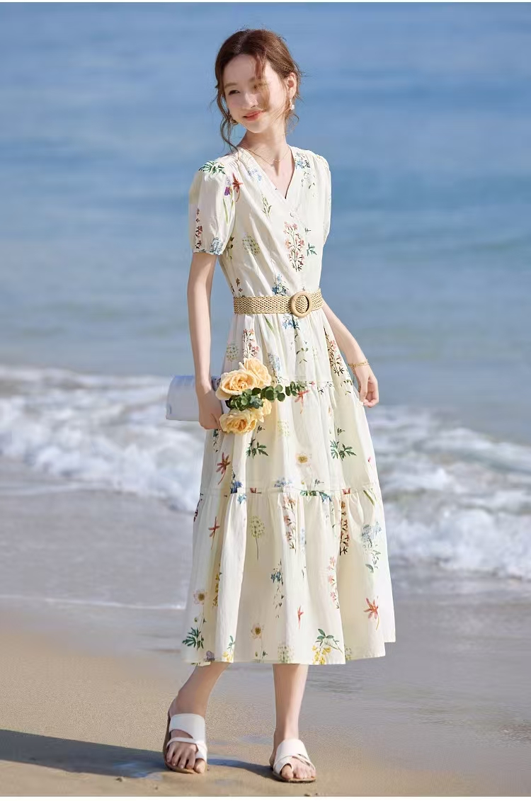 바다 측면 꽃 그림자 구름 면 직물 꽃무늬 여름 프린트 휴가 바람 V넥 레이스업 허리 수축 꽃무늬 드레스