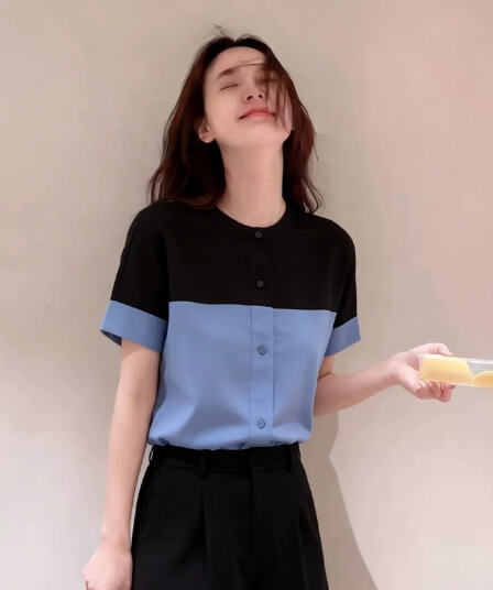 패션 디자인 센스 작은 대중 패치워크 색상 반팔 여성 셔츠 여름 루즈핏 출퇴근 슬림해 보이는 고유 한 아름다운 맨위
