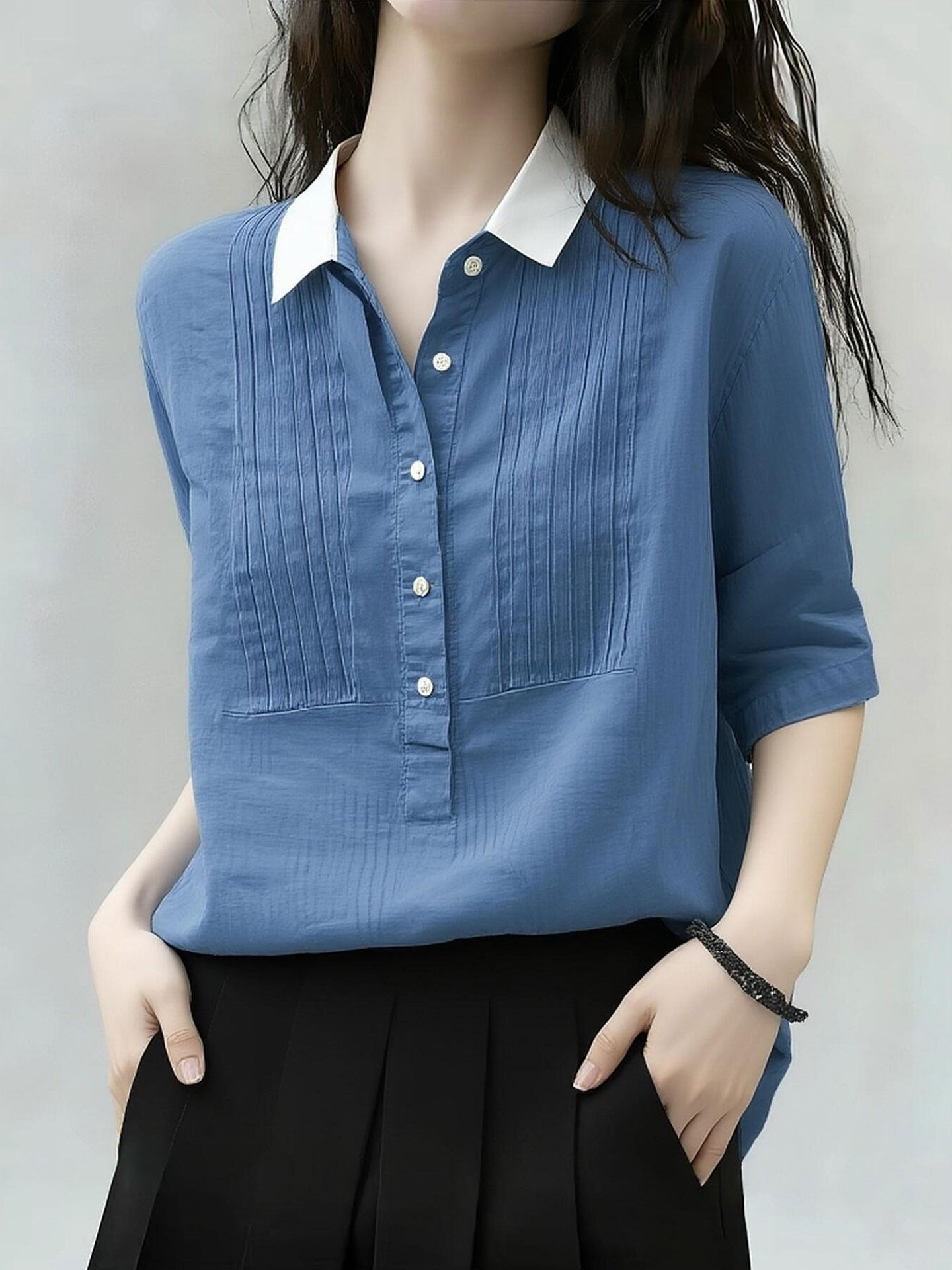 빛 요리 한 바람 파란색 폴로 칼라 긴팔 여성 셔츠 2026 여름 새로운 빅 사이즈 루즈핏 주름 디자인 단추 맨위