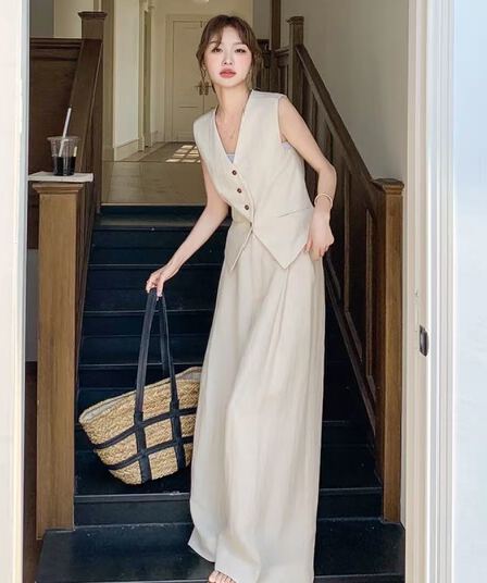 오래된 돈 바람 아마 정장 베스트 넓은 다리 두 조각 여성 세트 새로운 여름 얇은 스타일 통기성 고급 센스 세트