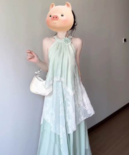 슈퍼 요정 휴가 바람 오프숄더 행침 목 드레스 여름 한 부서 순수한 욕망 레이스 조각 불규칙 레이스 롱 스커트 여성