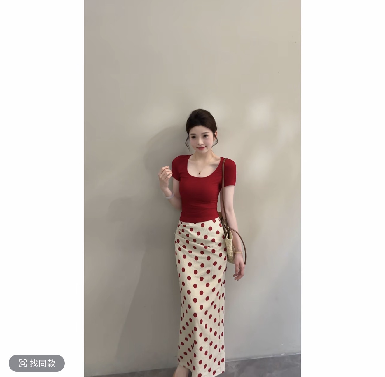 노래 송 여름 새로운 레트로 항구 바람 도트 무늬 반팔 맨위 코디 캐주얼 반신 치마 세트