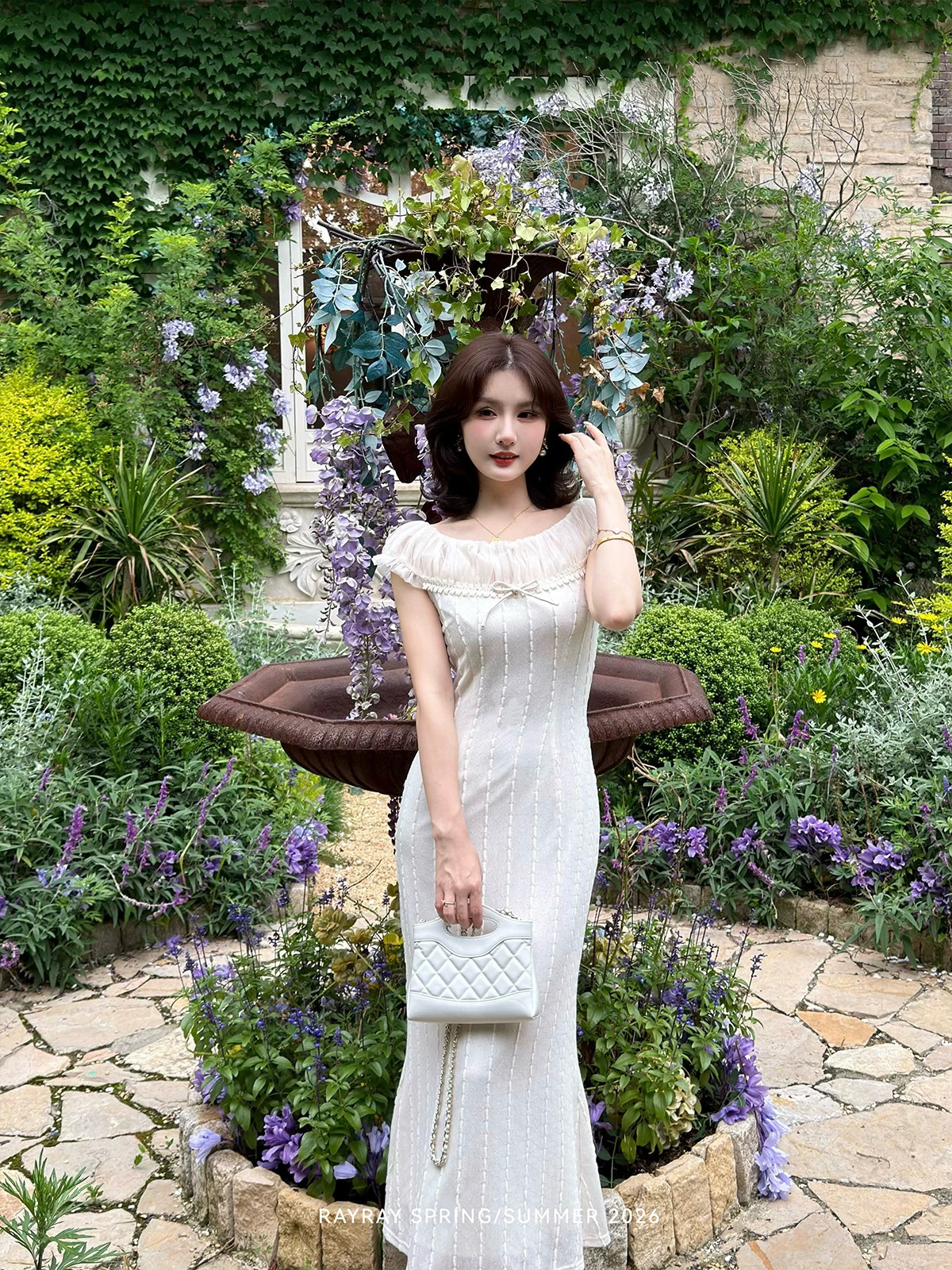 새싹 잘 생긴 달빛 소나타 프랑스식 부드러운 바람 오프숄더 드레스 여름 망사 수직 곡물 슬림해 보이는 롱 스커트