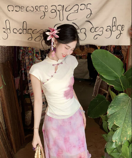 링 茜 거만한 와우 분말 염색 늦게 시리아 새로운 중식 개선 여름 홀치기 염색 허리 수축 짧은 맨위 코디 품격 반신 스커트