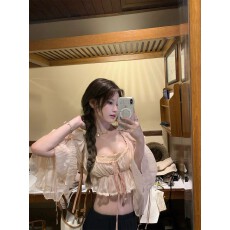 批发DoggyQin -Bch10e私服秀款粉雾惊梦/荷叶边泡泡袖<b class='q'>雪纺</b><b class='q'>衫</b>短款上衣