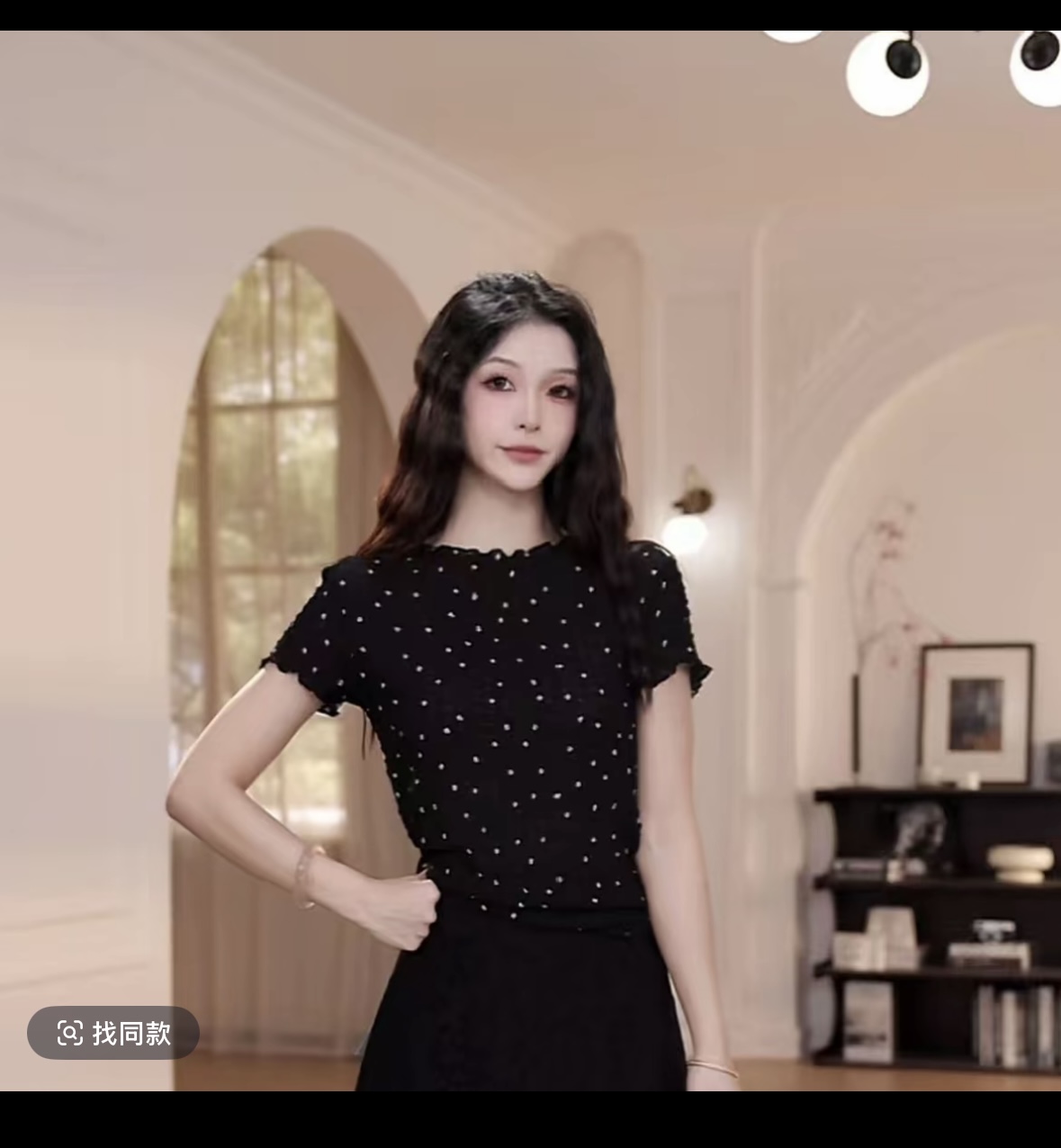 갈색 설탕 도트 무늬 2026 여름 작은 대중 디자인 센스 도트 무늬 레이스 반팔 티셔츠 세트
